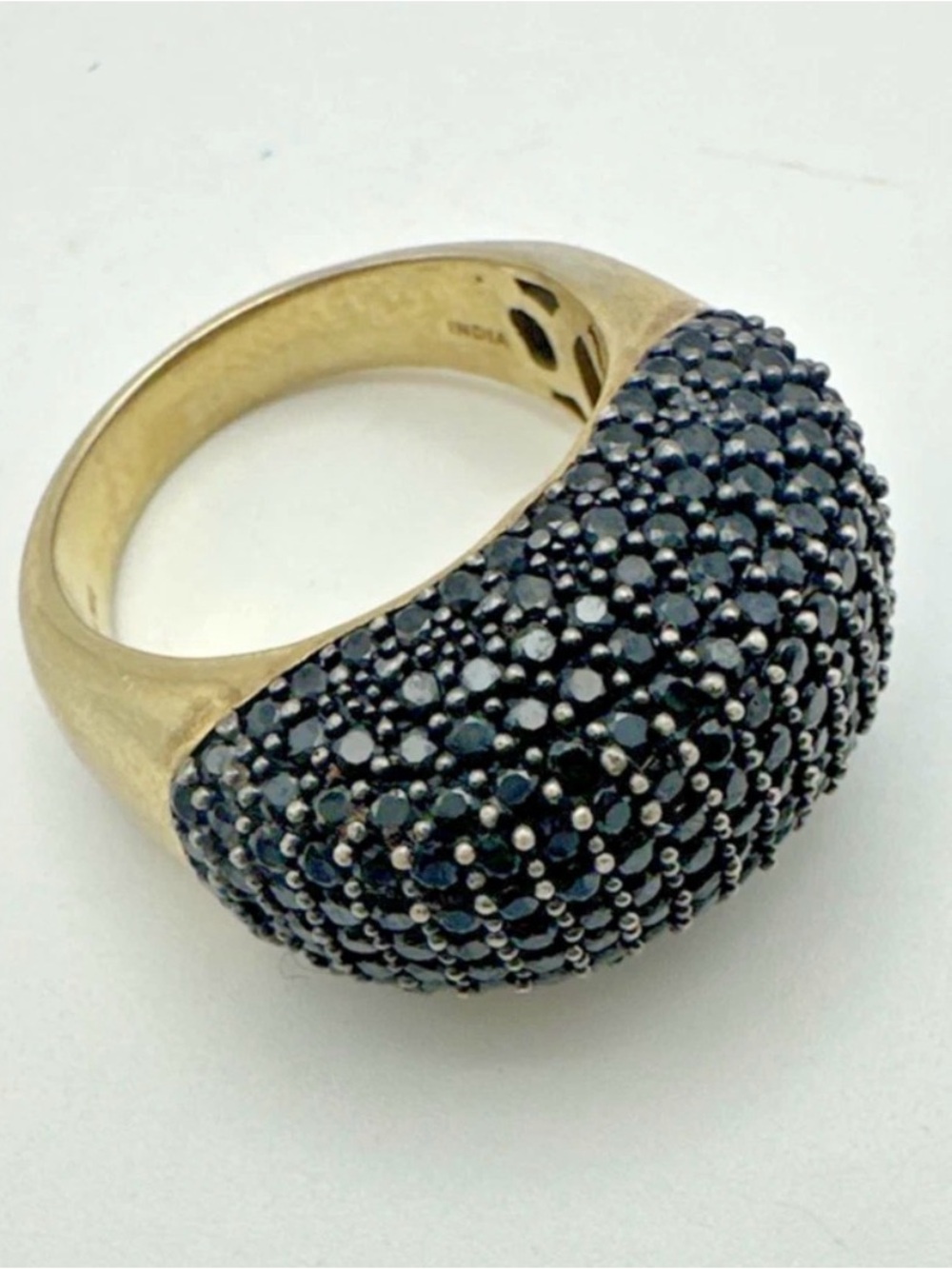 Vermeil Pave Black Spinel Ring 8 Gold Tone Statement CIE Sterling Silver 925 WOW
